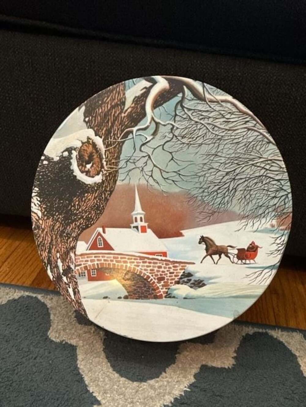 Vintage Round Christmas Tin Winter Horse Drawn Sleigh Scene Container
